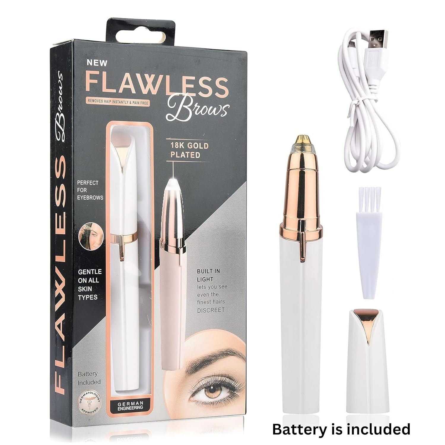 Flawless Eyebrow Trimmer for women. Pianless,Touch sensitive,18K Gold Platted Battery operated Eyebrow Hair Remover For women. Battery not included.