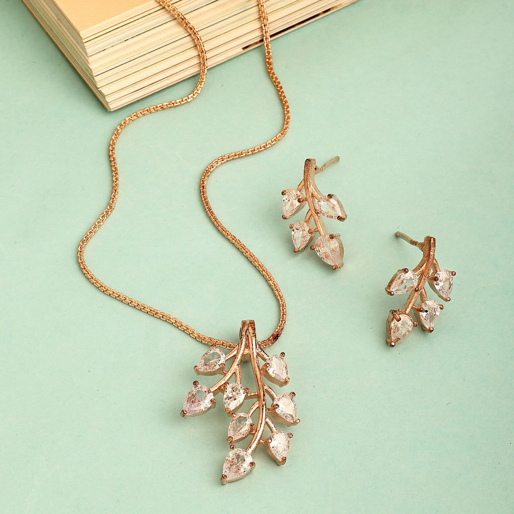 ZENEME Rhodium Plated Silver Toned American Diamond Studded Shimmery Leaf Pendant & Earring Jewellery Set for Women & Gifts For Girls