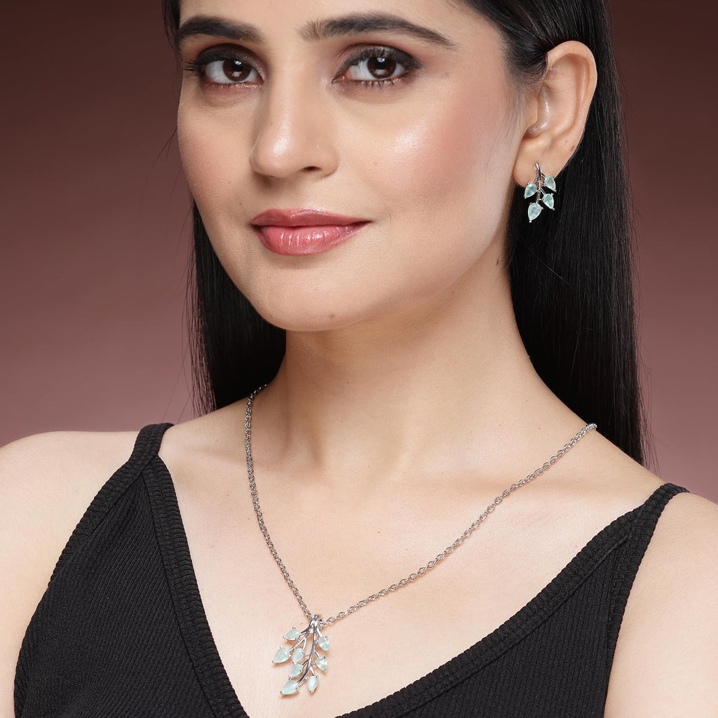 ZENEME Rhodium Plated Silver Toned American Diamond Studded Shimmery Leaf Pendant & Earring Jewellery Set for Women & Gifts For Girls