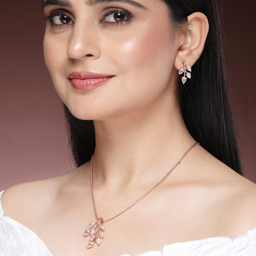 ZENEME Rhodium Plated Silver Toned American Diamond Studded Shimmery Leaf Pendant & Earring Jewellery Set for Women & Gifts For Girls