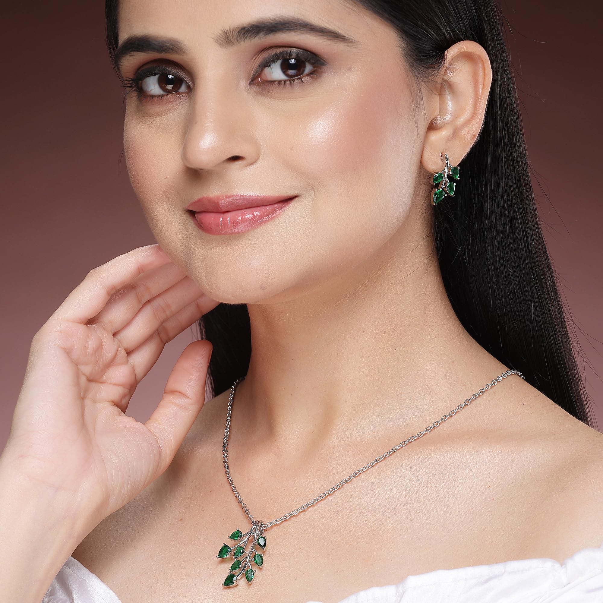 ZENEME Rhodium Plated Silver Toned American Diamond Studded Shimmery Leaf Pendant & Earring Jewellery Set for Women & Gifts For Girls