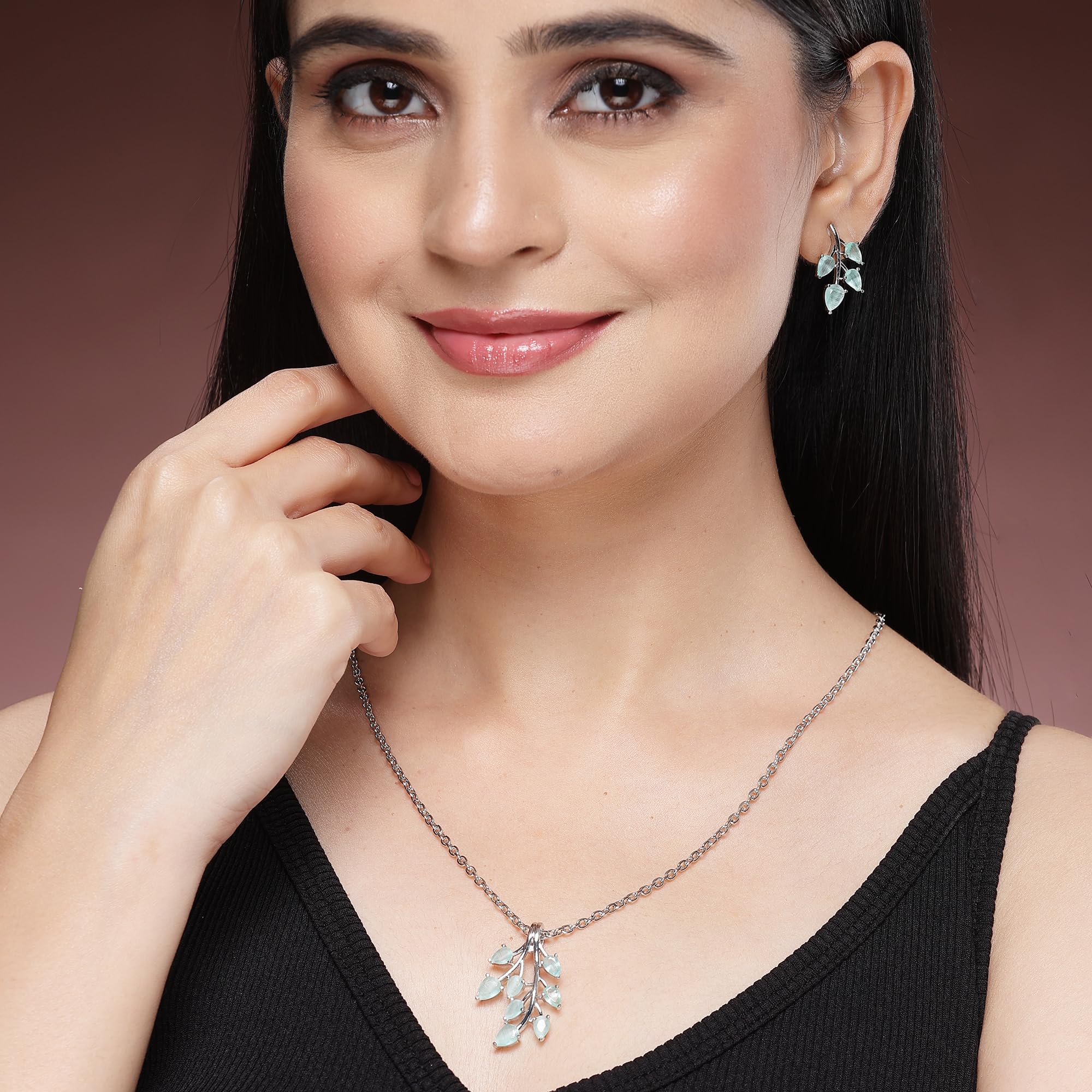 ZENEME Rhodium Plated Silver Toned American Diamond Studded Shimmery Leaf Pendant & Earring Jewellery Set for Women & Gifts For Girls
