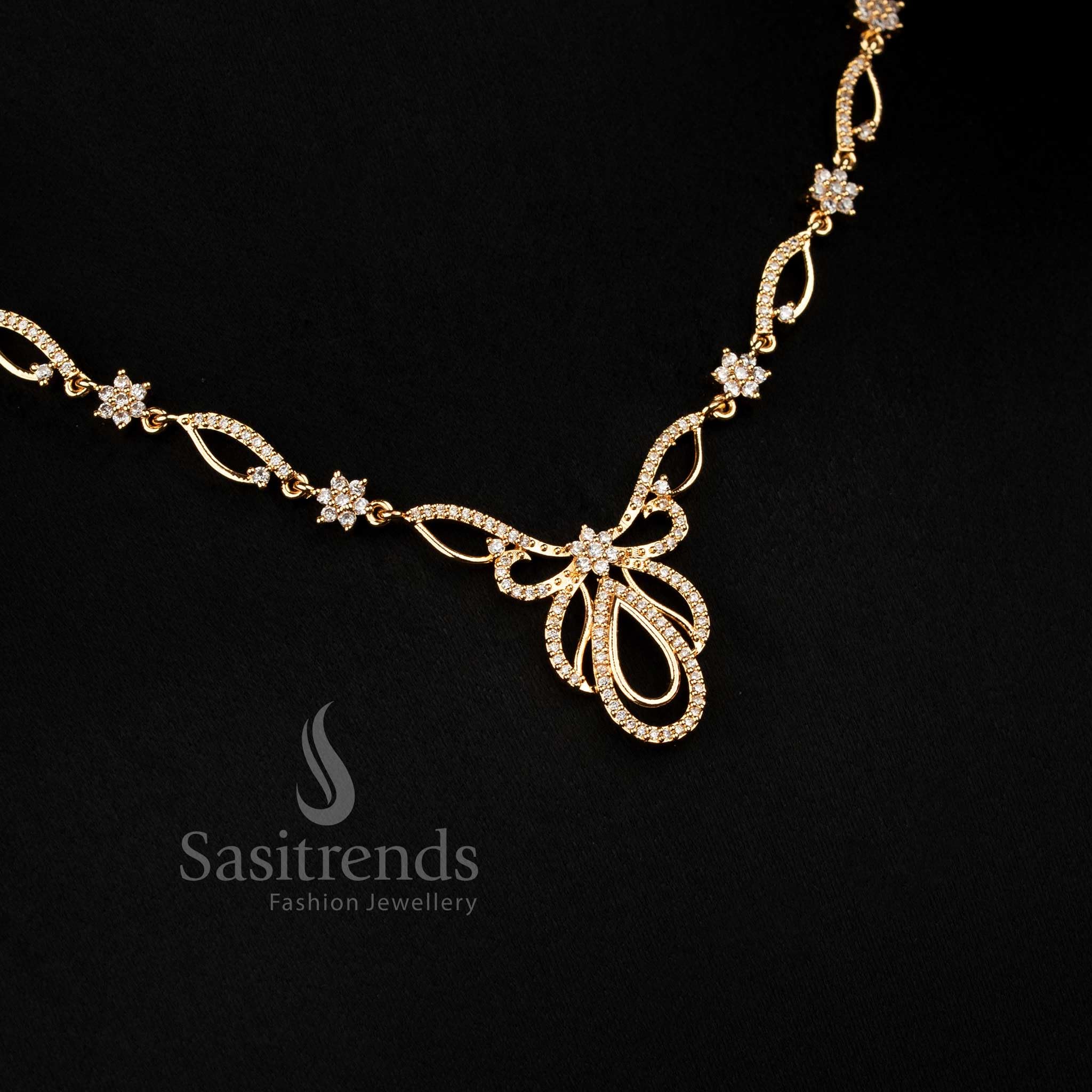 Sasitrends Floral Butterfly Wings Motif Micro Gold Plated AD Stone Necklace Set
