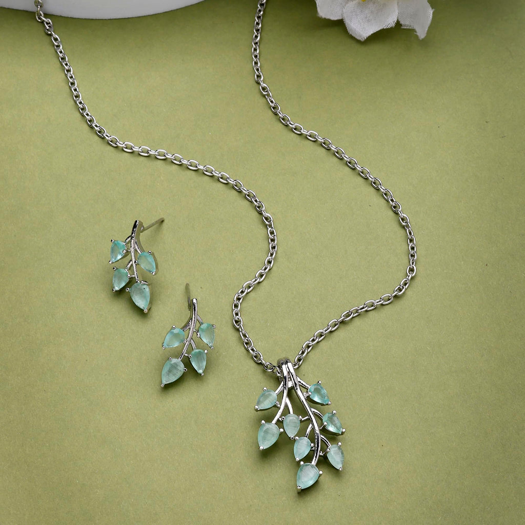 ZENEME Rhodium Plated Silver Toned American Diamond Studded Shimmery Leaf Pendant & Earring Jewellery Set for Women & Gifts For Girls