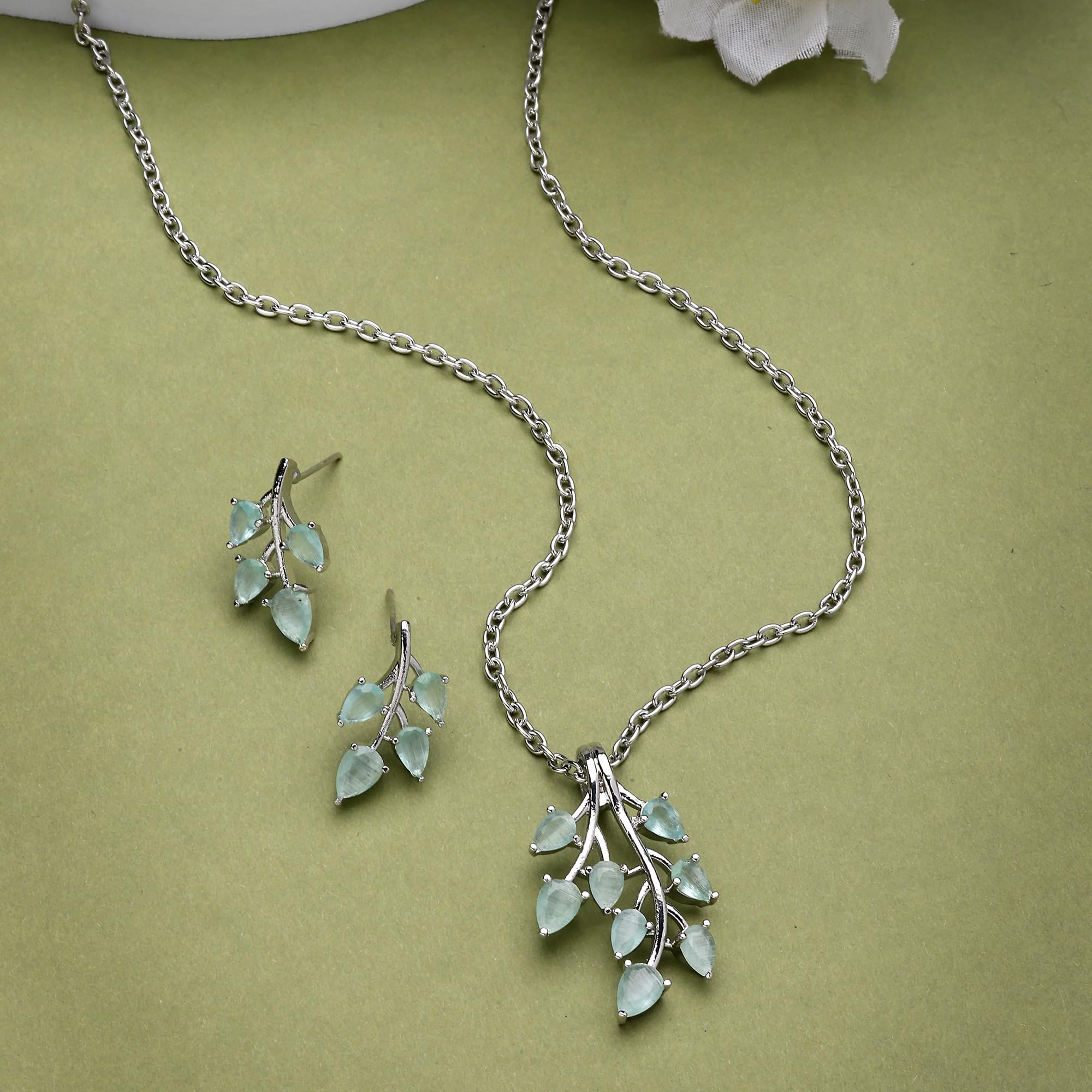 ZENEME Rhodium Plated Silver Toned American Diamond Studded Shimmery Leaf Pendant & Earring Jewellery Set for Women & Gifts For Girls