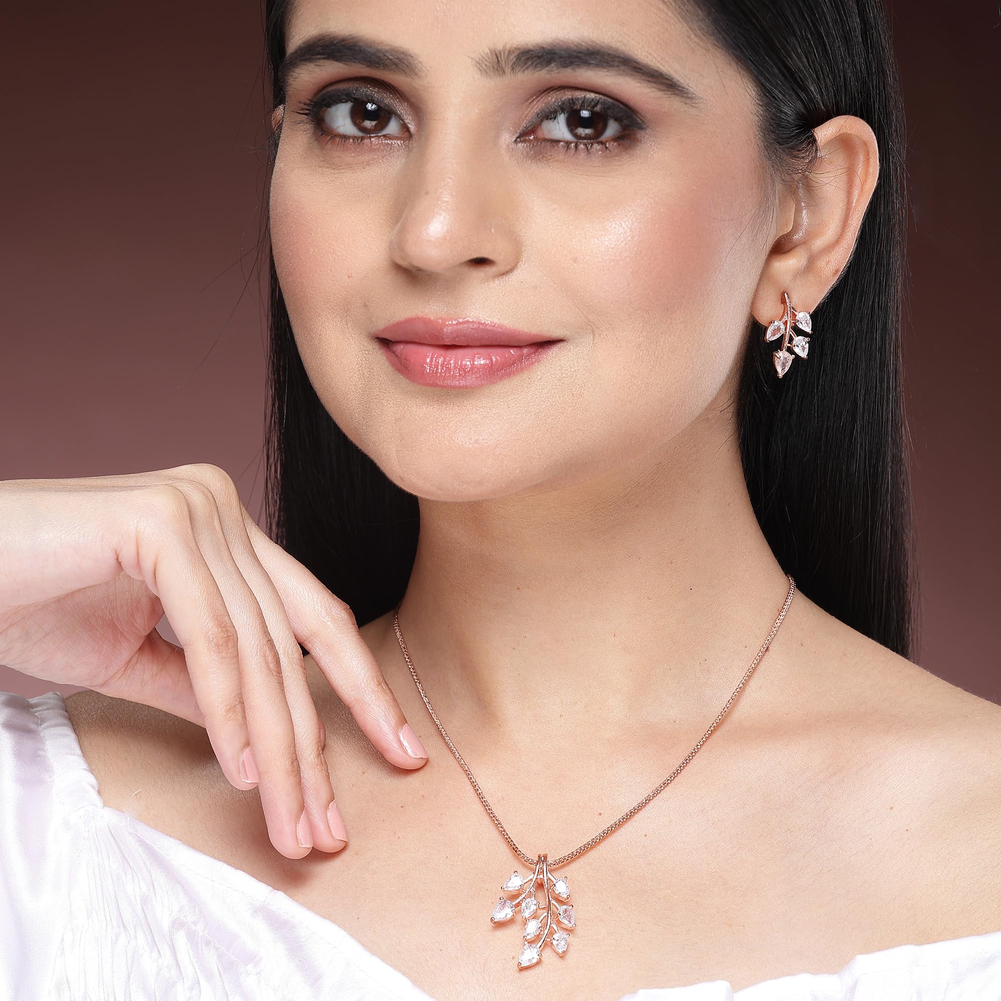 ZENEME Rhodium Plated Silver Toned American Diamond Studded Shimmery Leaf Pendant & Earring Jewellery Set for Women & Gifts For Girls