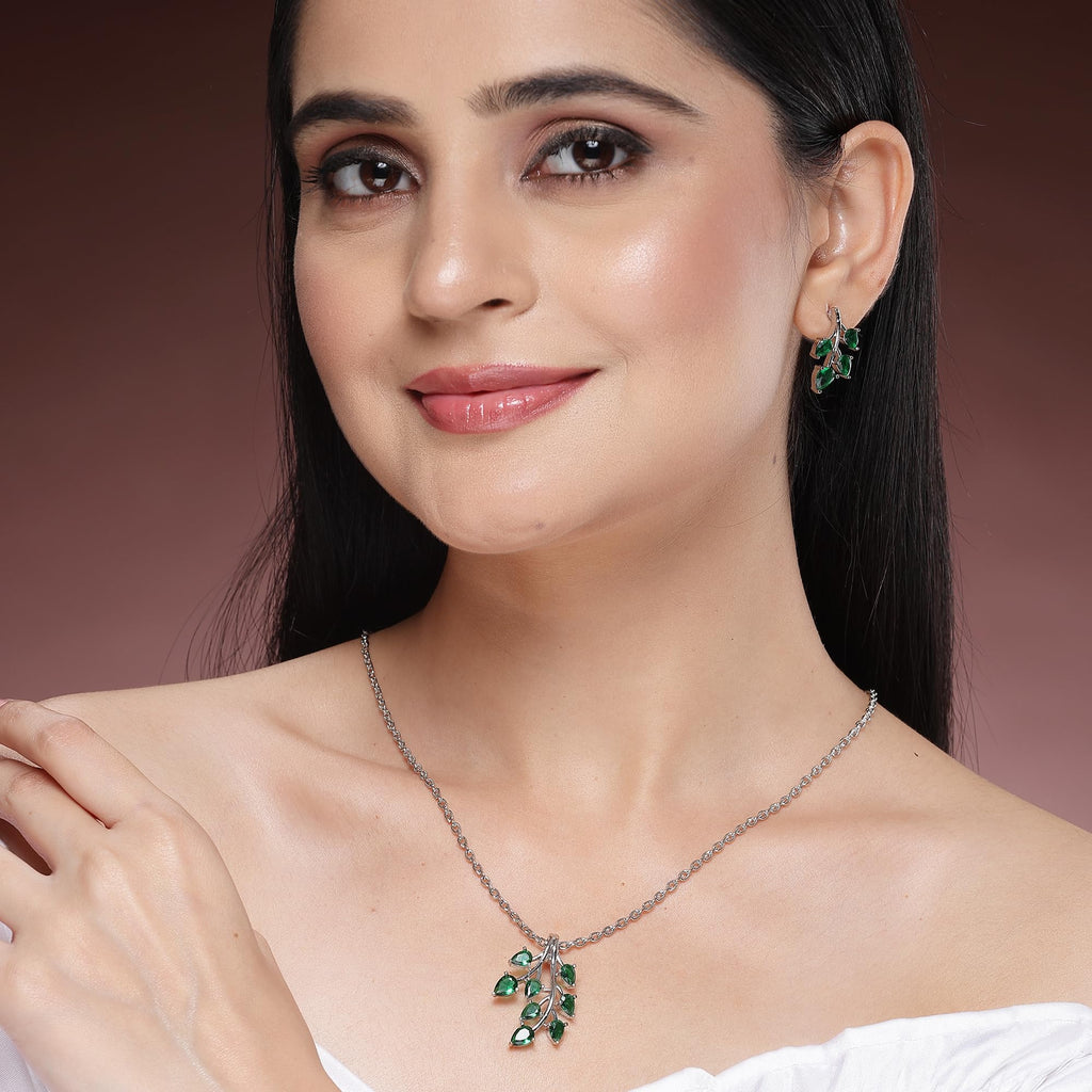 ZENEME Rhodium Plated Silver Toned American Diamond Studded Shimmery Leaf Pendant & Earring Jewellery Set for Women & Gifts For Girls