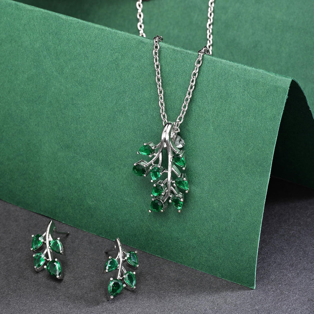 ZENEME Rhodium Plated Silver Toned American Diamond Studded Shimmery Leaf Pendant & Earring Jewellery Set for Women & Gifts For Girls