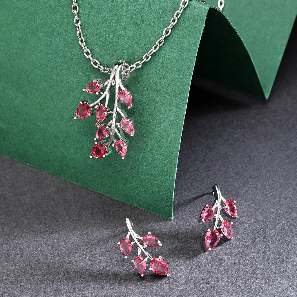 ZENEME Rhodium Plated Silver Toned American Diamond Studded Shimmery Leaf Pendant & Earring Jewellery Set for Women & Gifts For Girls