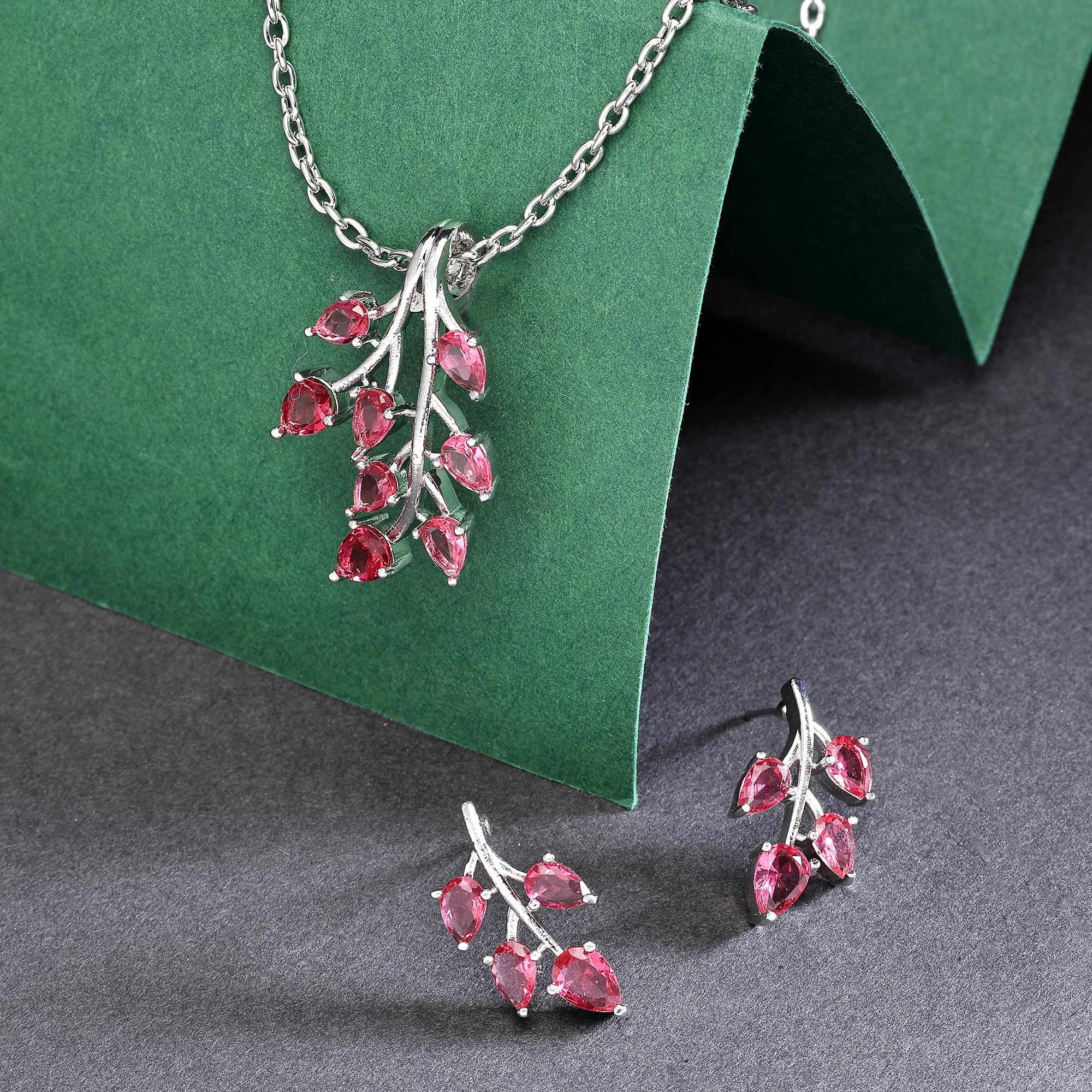 ZENEME Rhodium Plated Silver Toned American Diamond Studded Shimmery Leaf Pendant & Earring Jewellery Set for Women & Gifts For Girls