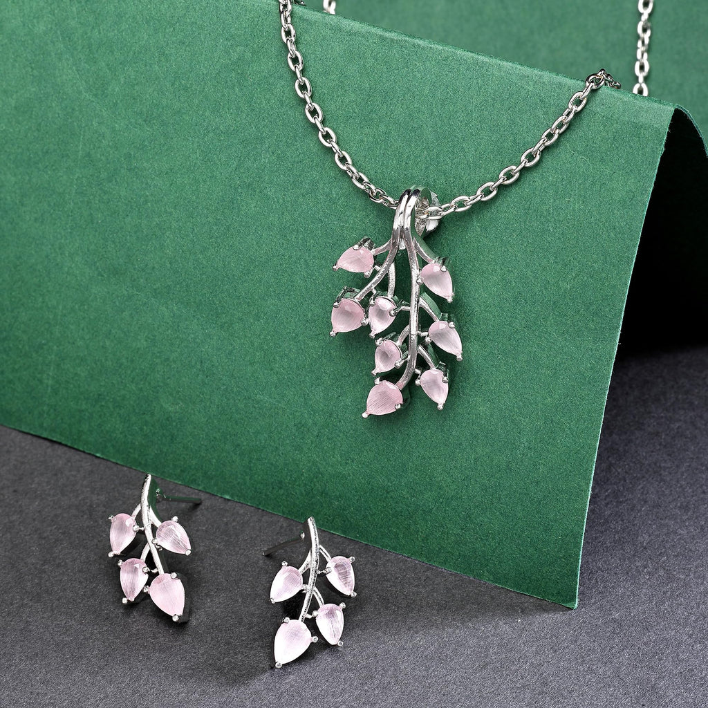 ZENEME Rhodium Plated Silver Toned American Diamond Studded Shimmery Leaf Pendant & Earring Jewellery Set for Women & Gifts For Girls