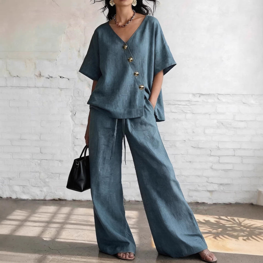 Casual Vacation Loose Cotton-Linen V-Neck Wide-Leg Pants Two-Piece Set