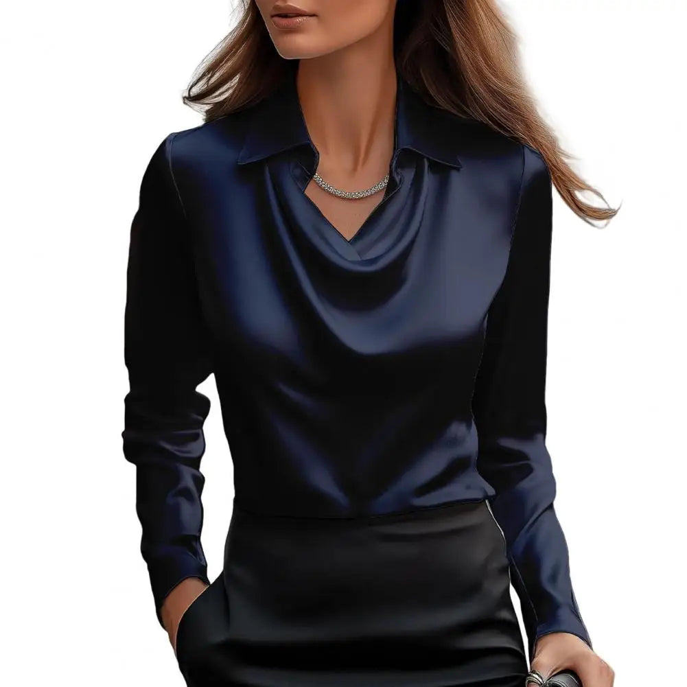 Long Sleeve Satin Swing Collar Top | Elegant Commuter Shirt