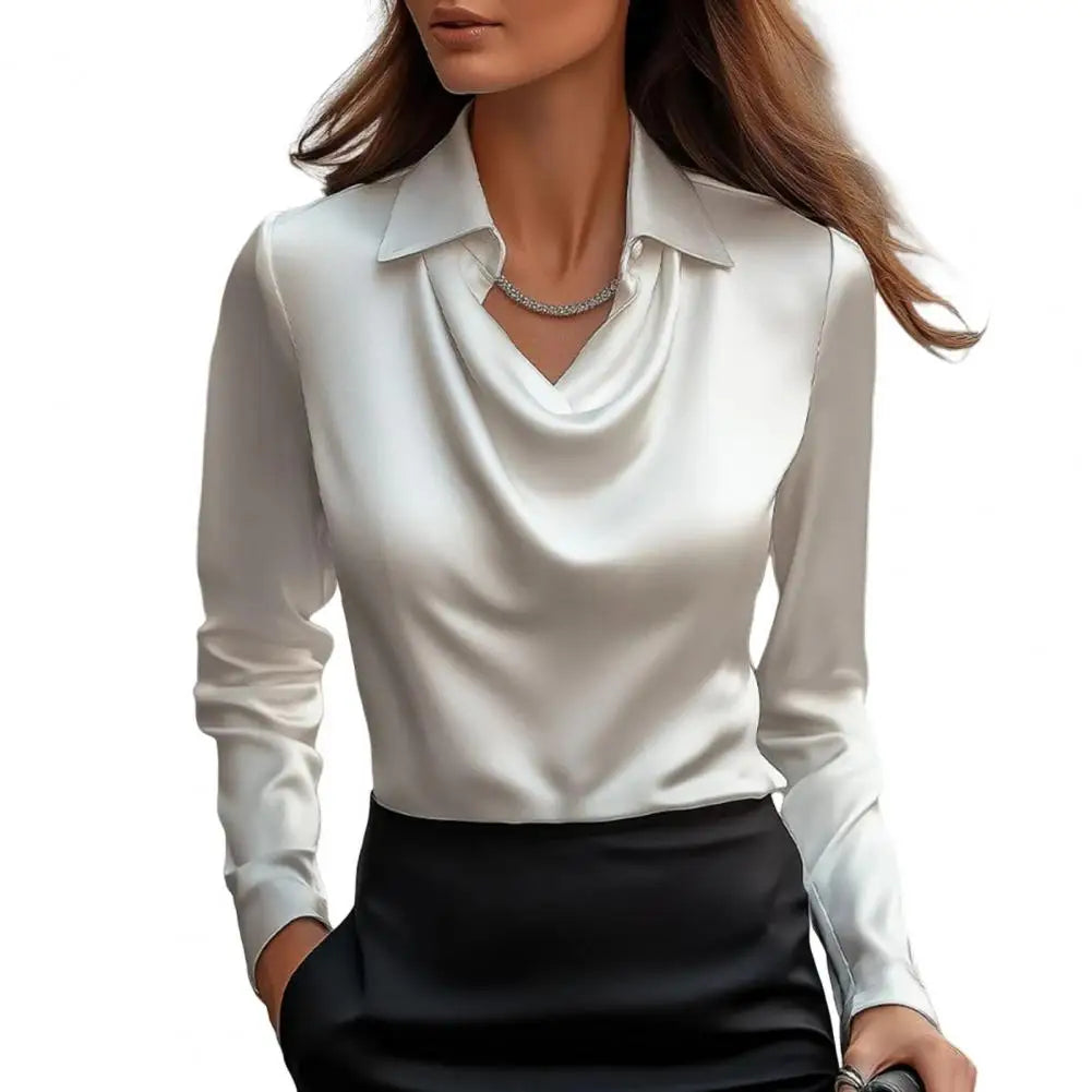 Long Sleeve Satin Swing Collar Top | Elegant Commuter Shirt