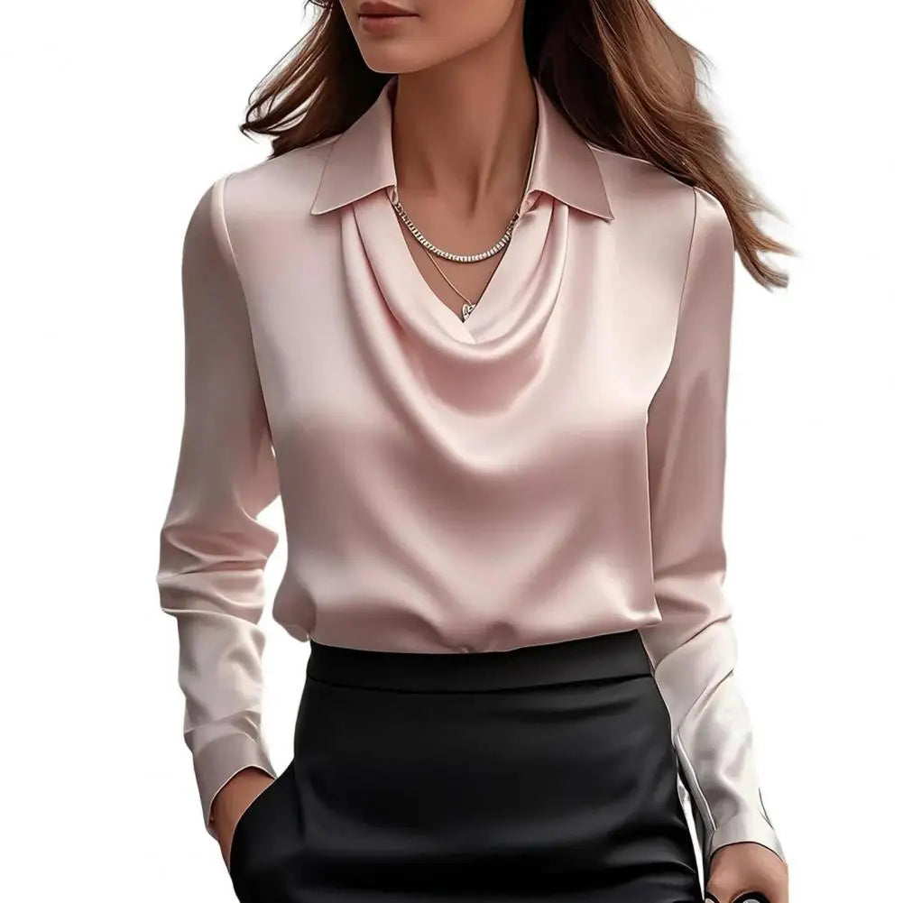 Long Sleeve Satin Swing Collar Top | Elegant Commuter Shirt