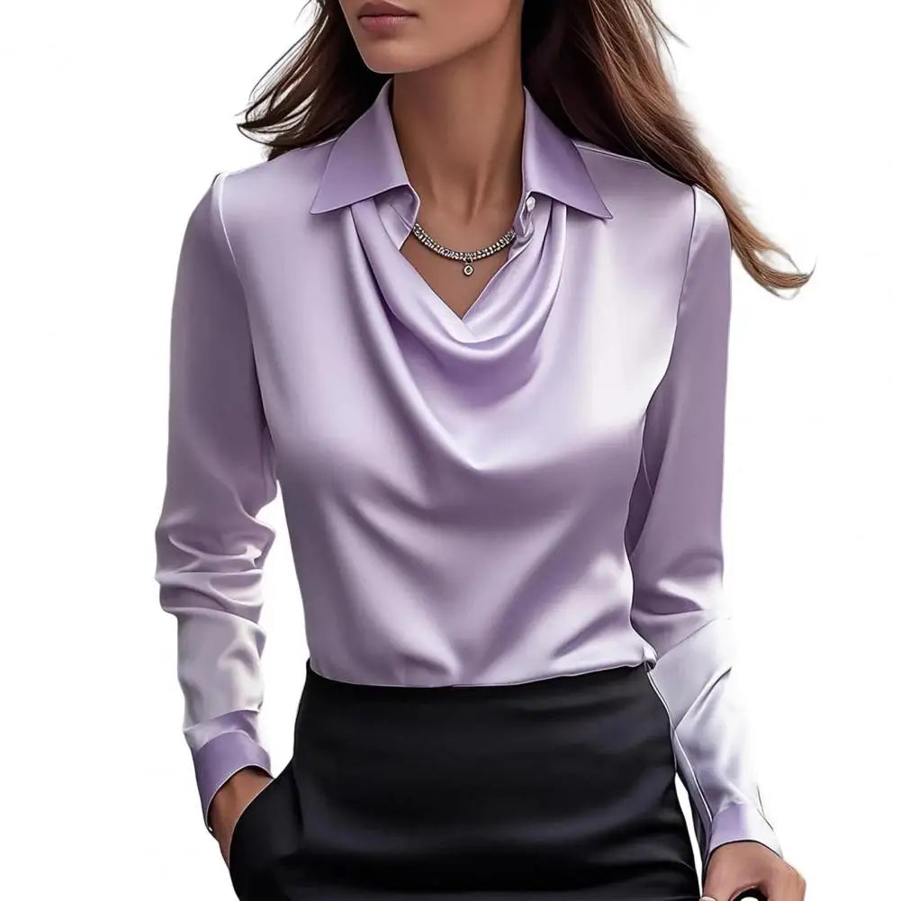 Long Sleeve Satin Swing Collar Top | Elegant Commuter Shirt