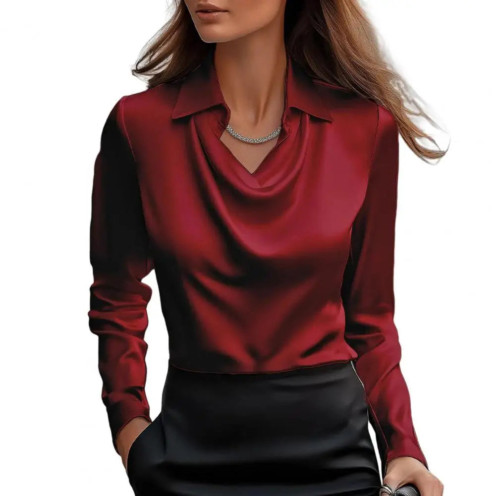 Long Sleeve Satin Swing Collar Top | Elegant Commuter Shirt