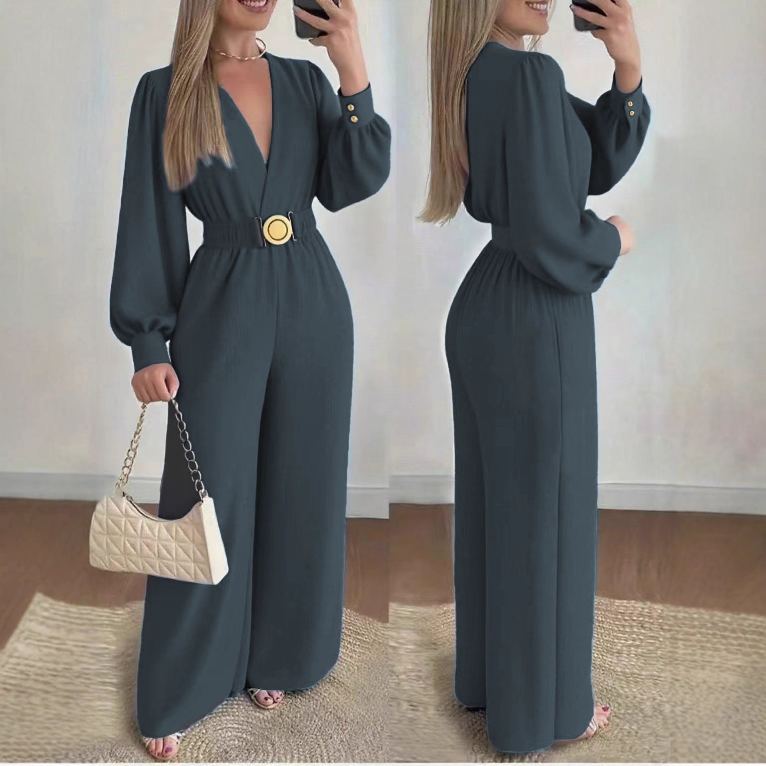 Women's Slim-fit Fashionable Deep V-Neck Jumpsuit